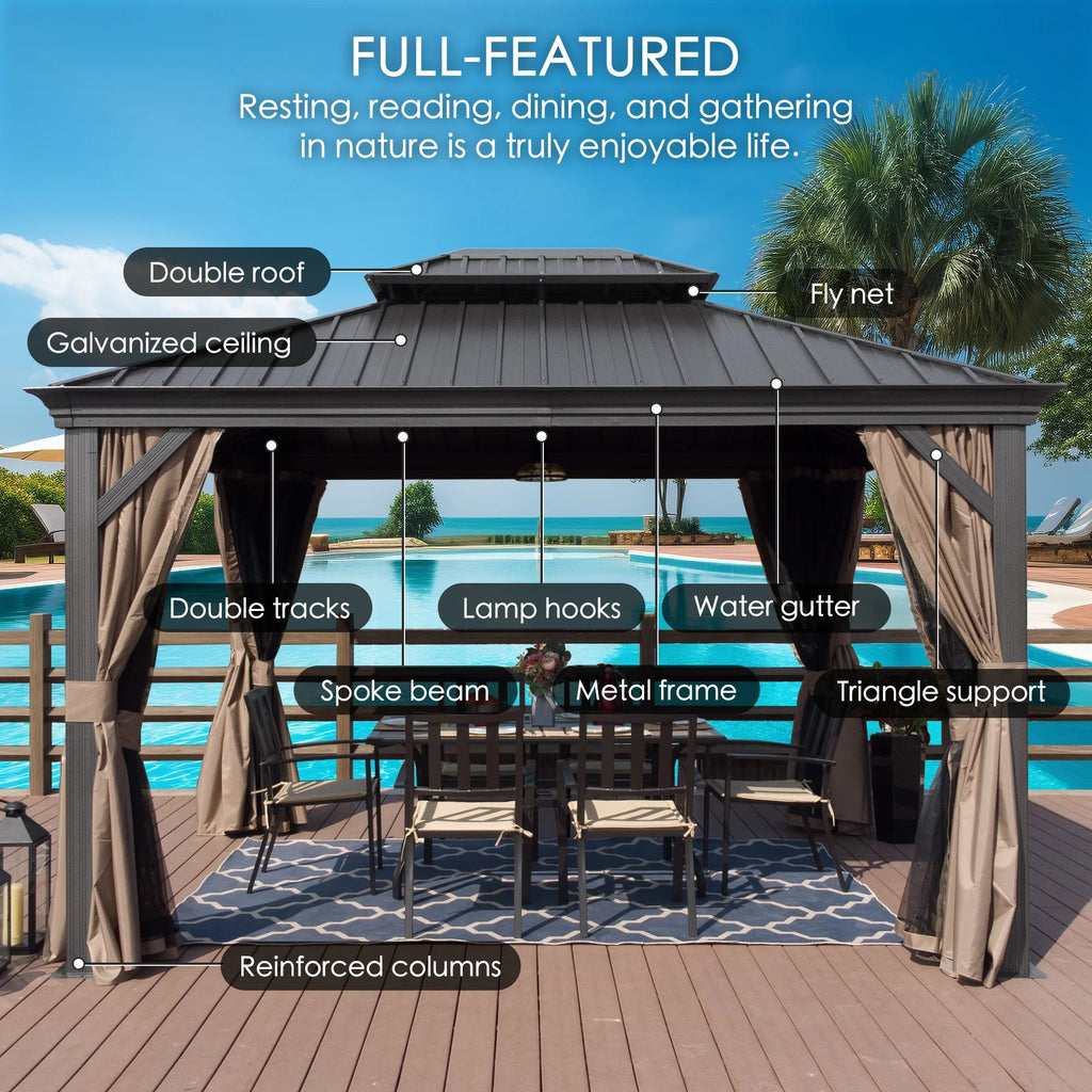 Hardtop Aluminum Gazebo with Mosquito Net and Privacy Sidewalls T622278