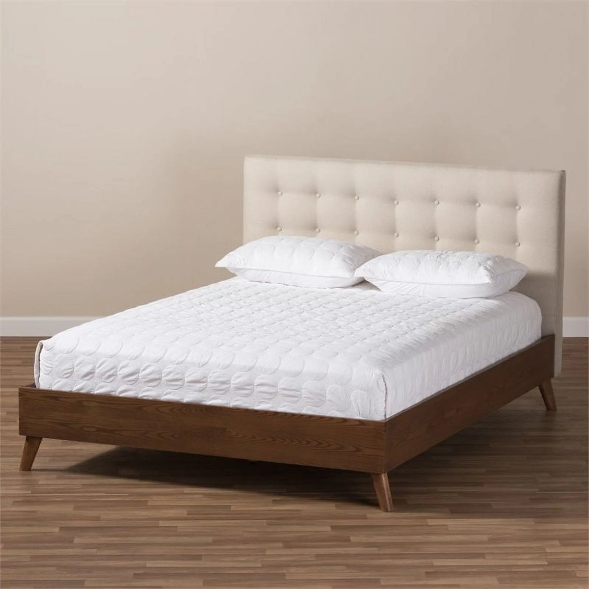 Mid-Century Wood Tufted Platform Bed, King, Beige/Brown I1741