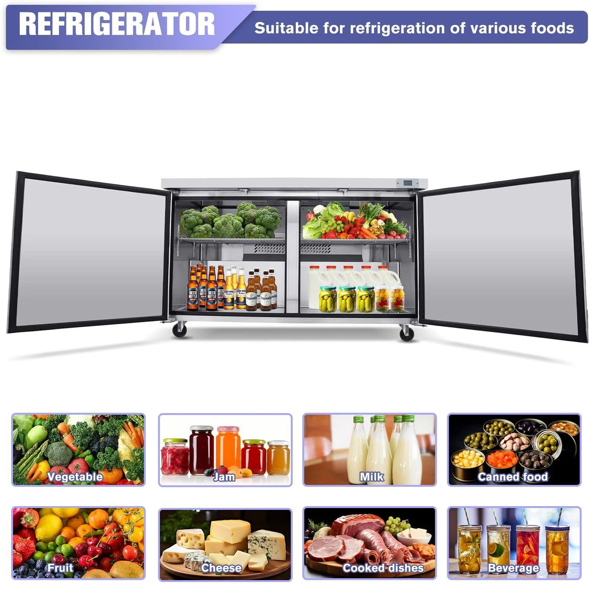 60" Stainless Steel Undercounter Work Top Refrigerator 18Cu.Ft B6071